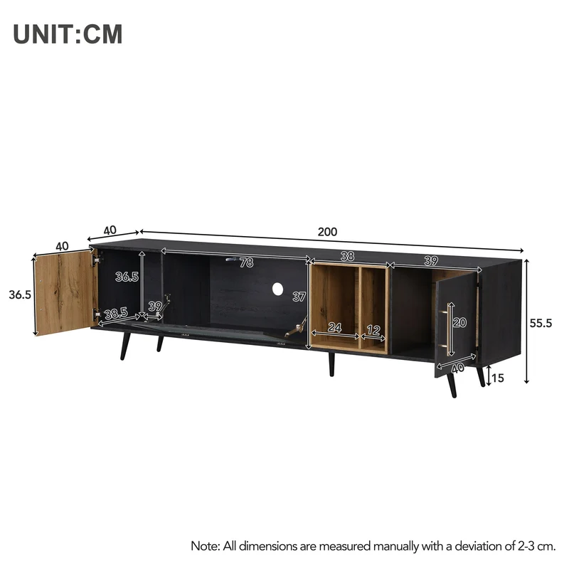 Meuble TV gris et verre ondulé avec 3 portes battants niche ouvert rangement 200 x 40 COVUNS