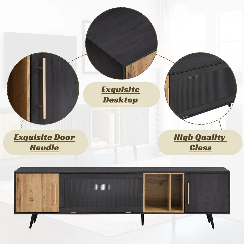 Meuble TV gris et verre ondulé avec 3 portes battants niche ouvert rangement 200 x 40 COVUNS
