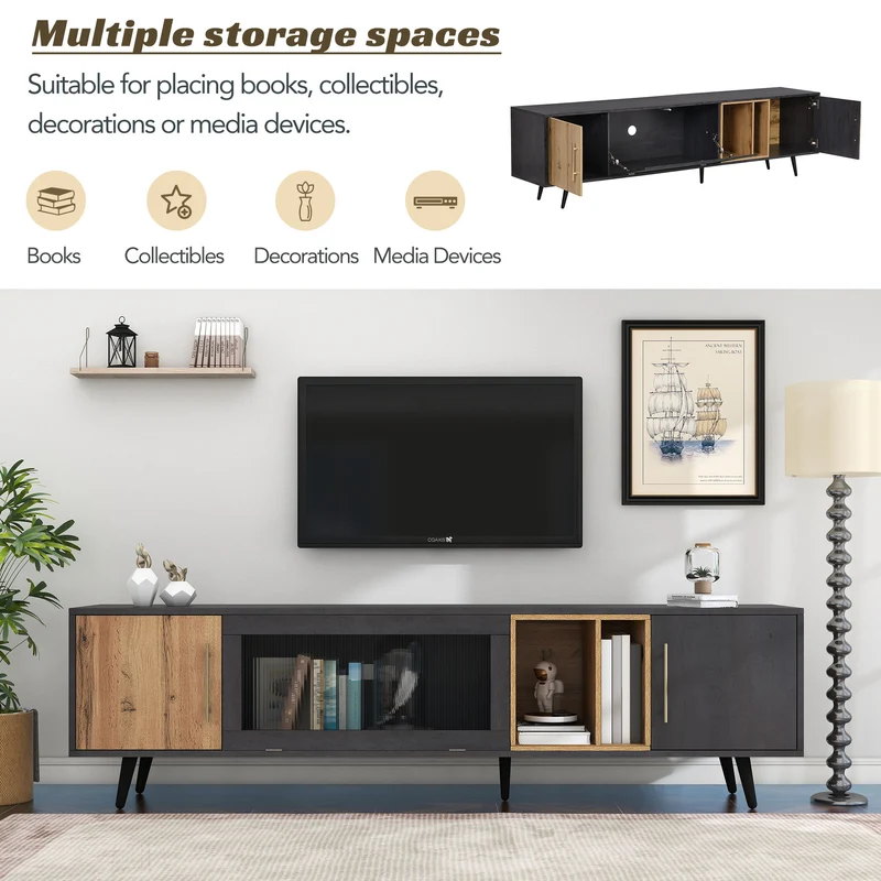 Meuble TV gris et verre ondulé avec 3 portes battants niche ouvert rangement 200 x 40 COVUNS