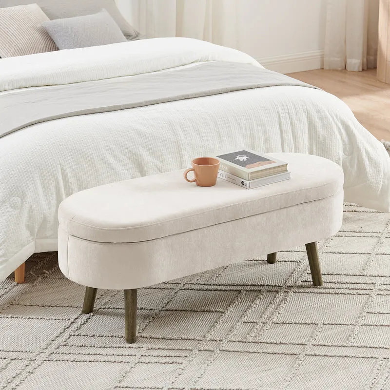 Banquette coffre pouf en chenille beige, pieds en bois massif, 20L 110x40x42cm IRONISLE