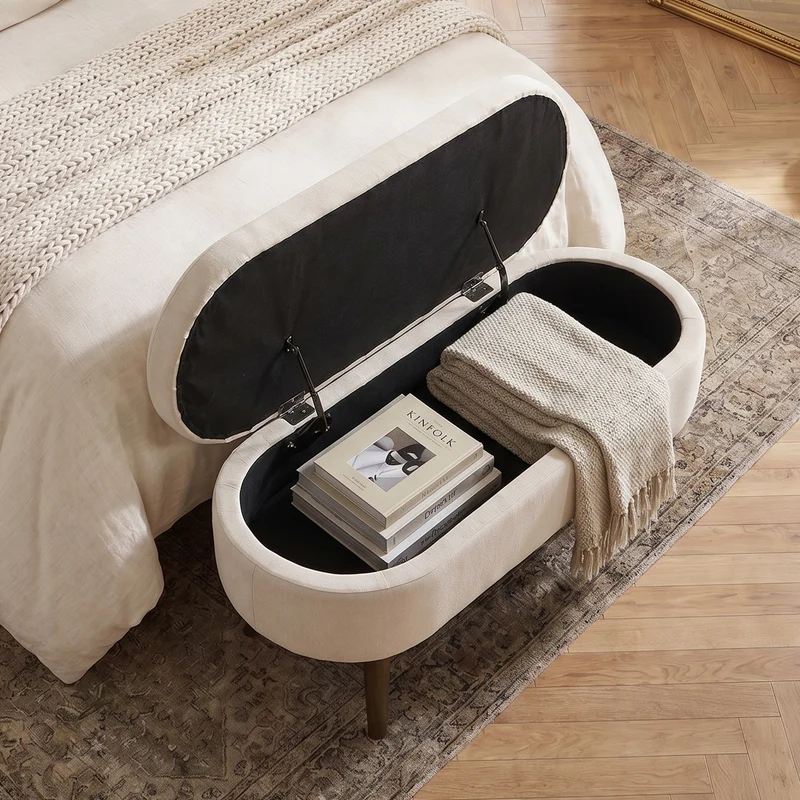 Banquette coffre pouf en chenille beige, pieds en bois massif, 20L 110x40x42cm IRONISLE