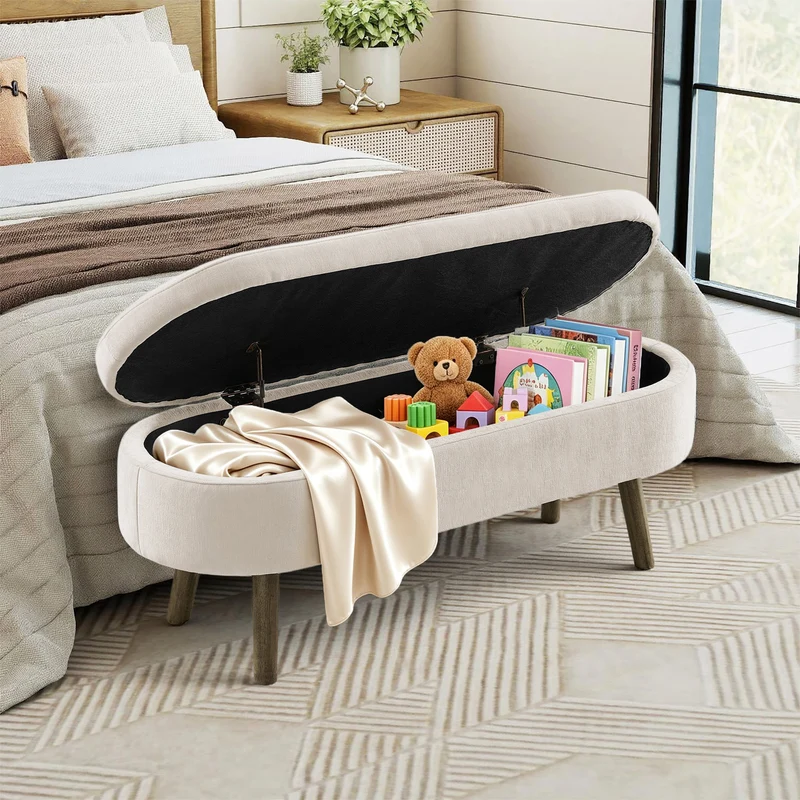 Banquette coffre pouf en chenille beige, pieds en bois massif, 20L 110x40x42cm IRONISLE