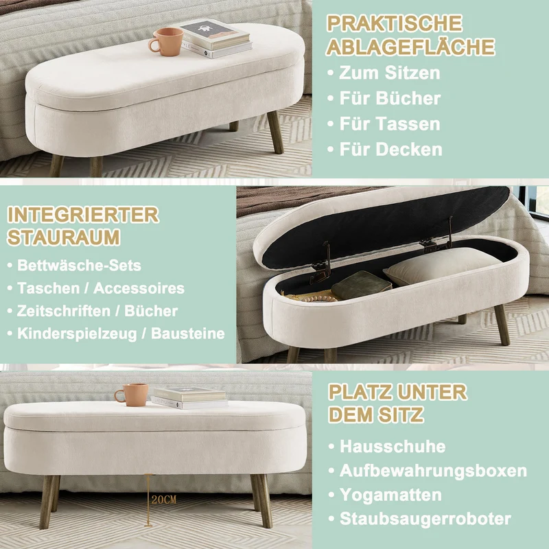 Banquette coffre pouf en chenille beige, pieds en bois massif, 20L 110x40x42cm IRONISLE