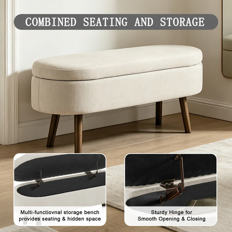 Banquette coffre pouf en chenille beige, pieds en bois massif, 20L 110x40x42cm IRONISLE