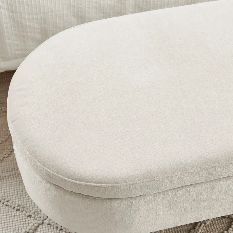 Banquette coffre pouf en chenille beige, pieds en bois massif, 20L 110x40x42cm IRONISLE