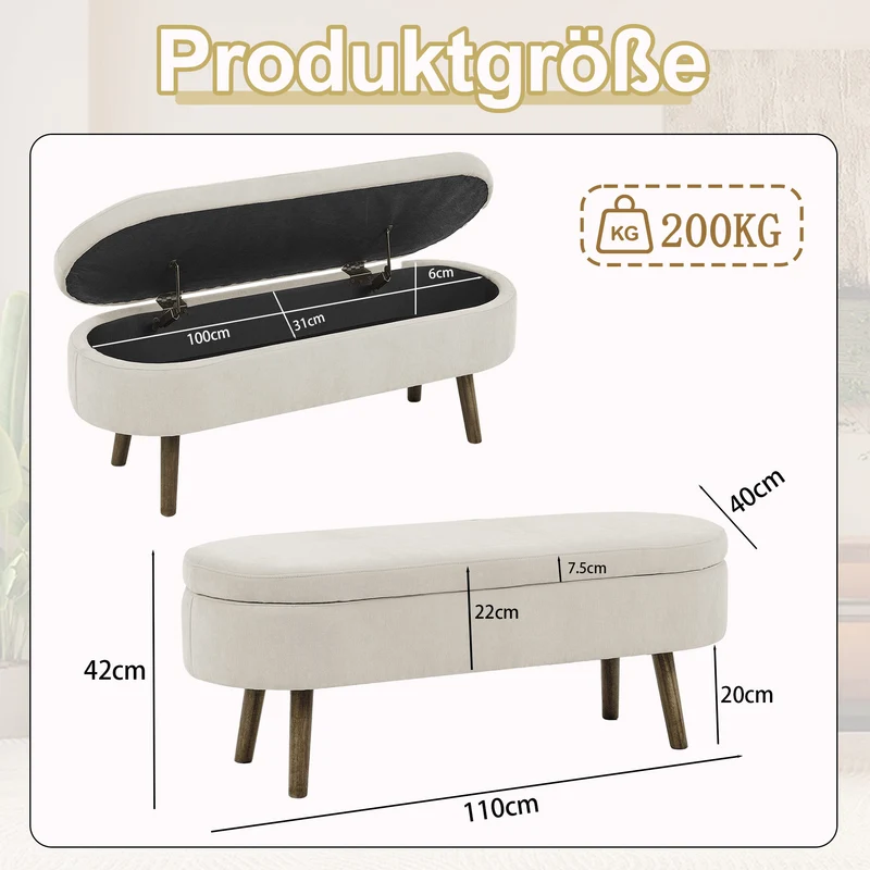 Banquette coffre pouf en chenille beige, pieds en bois massif, 20L 110x40x42cm IRONISLE