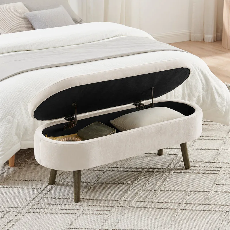 Banquette coffre pouf en chenille beige, pieds en bois massif, 20L 110x40x42cm IRONISLE