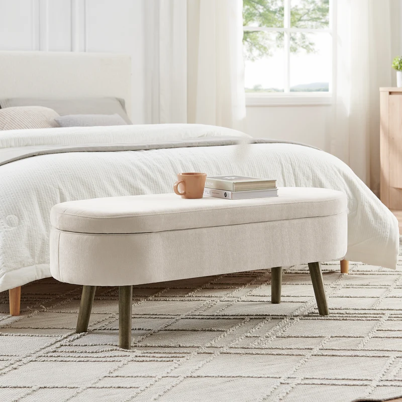 Banquette coffre pouf en chenille beige, pieds en bois massif, 20L 110x40x42cm IRONISLE
