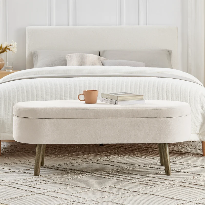 Banquette coffre pouf en chenille beige, pieds en bois massif, 20L 110x40x42cm IRONISLE
