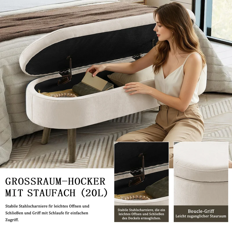 Banquette coffre pouf en chenille beige, pieds en bois massif, 20L 110x40x42cm IRONISLE