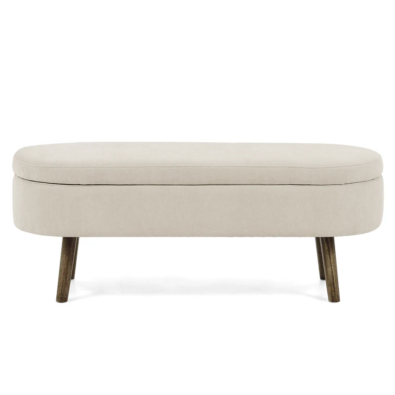Banquette coffre pouf en chenille beige, pieds en bois massif, 20L 110x40x42cm IRONISLE