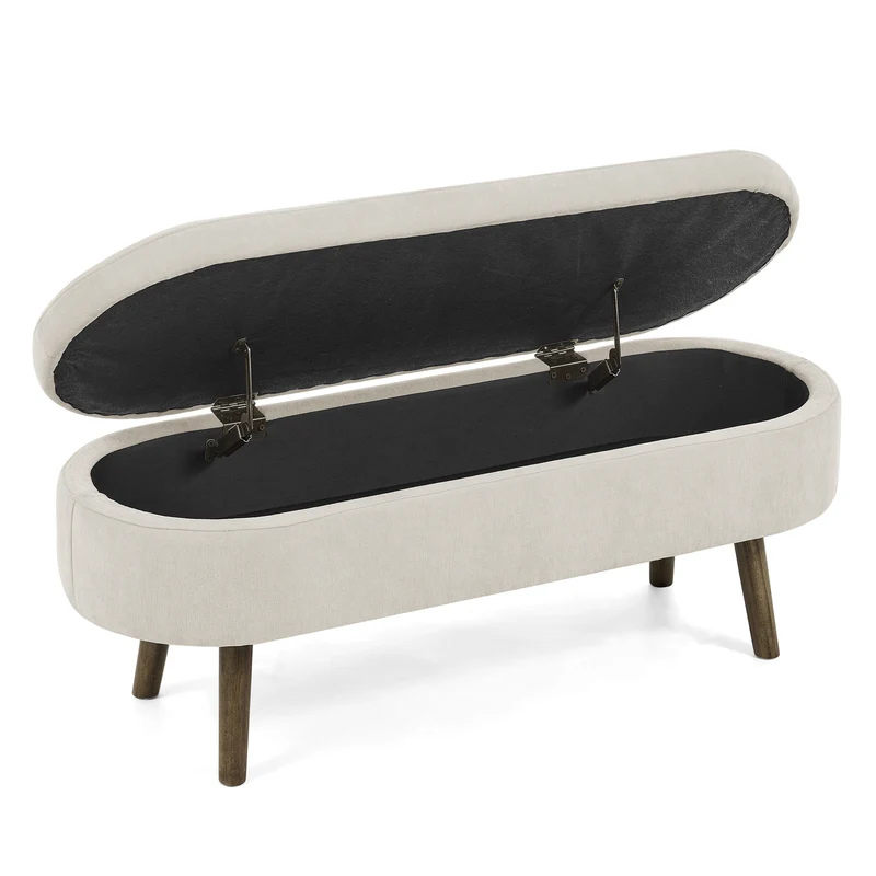 Banquette coffre pouf en chenille beige, pieds en bois massif, 20L 110x40x42cm IRONISLE