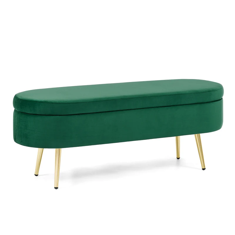 Banquette coffre pouf en velours vert avec pieds dorés 20L 110x40x42cm POTASSIUMPEAK