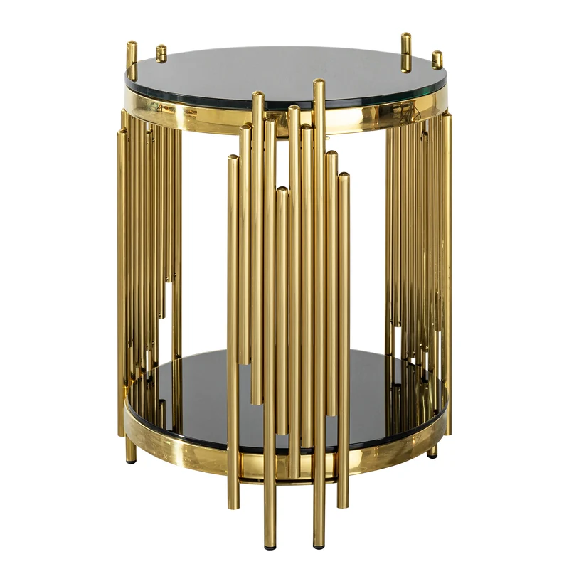 Table d'appoint ronde en verre noir et pieds dorés acier inoxydable 45x45x55cm GOLDENGROVE