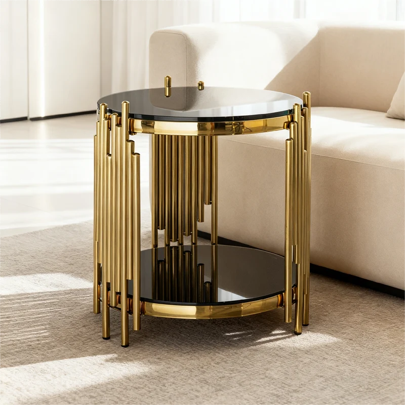 Table d'appoint ronde en verre noir et pieds dorés acier inoxydable 45x45x55cm GOLDENGROVE