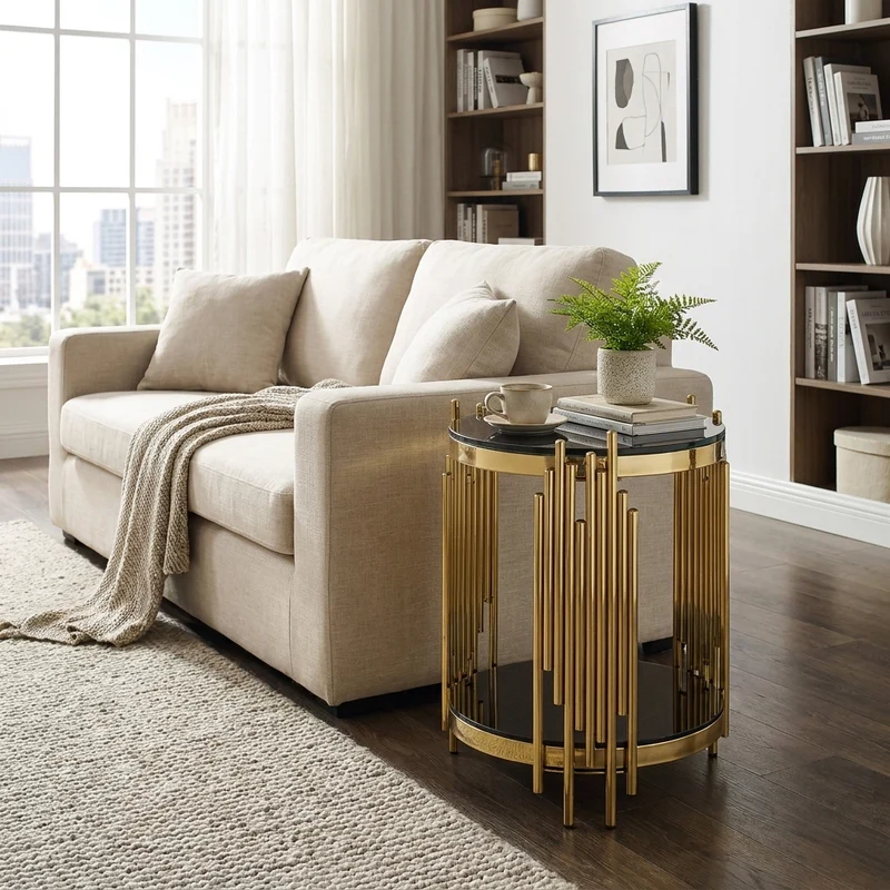 Table d'appoint ronde en verre noir et pieds dorés acier inoxydable 45x45x55cm GOLDENGROVE