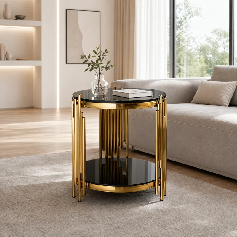 Table d'appoint ronde en verre noir et pieds dorés acier inoxydable 45x45x55cm GOLDENGROVE