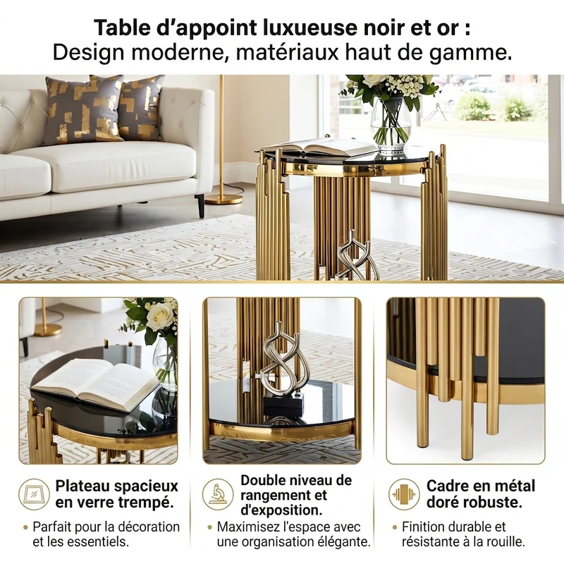 Table d'appoint ronde en verre noir et pieds dorés acier inoxydable 45x45x55cm GOLDENGROVE