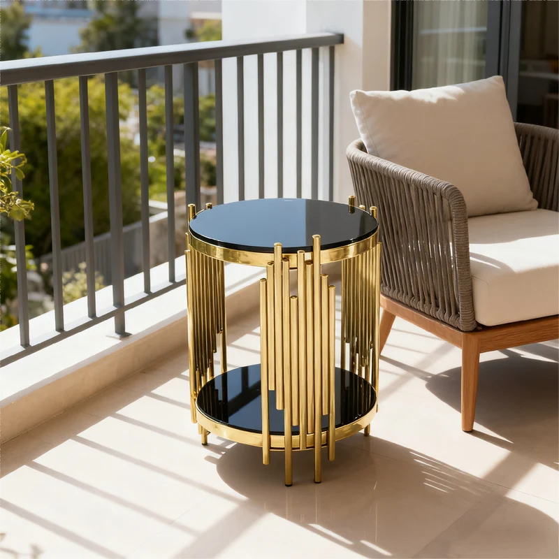 Table d'appoint ronde en verre noir et pieds dorés acier inoxydable 45x45x55cm GOLDENGROVE
