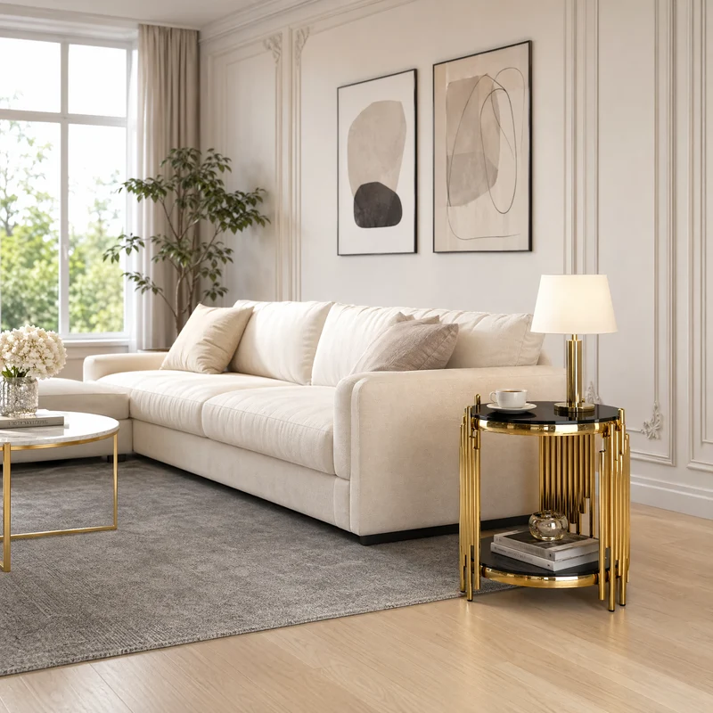 Table d'appoint ronde en verre noir et pieds dorés acier inoxydable 45x45x55cm GOLDENGROVE
