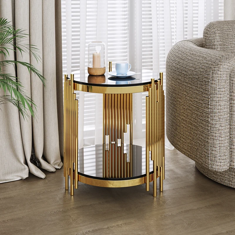 Table d'appoint ronde en verre noir et pieds dorés acier inoxydable 45x45x55cm GOLDENGROVE