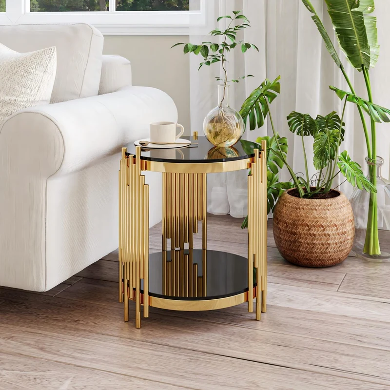 Table d'appoint ronde en verre noir et pieds dorés acier inoxydable 45x45x55cm GOLDENGROVE