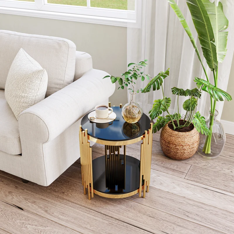 Table d'appoint ronde en verre noir et pieds dorés acier inoxydable 45x45x55cm GOLDENGROVE