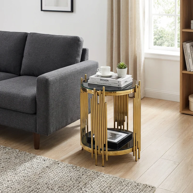 Table d'appoint ronde en verre noir et pieds dorés acier inoxydable 45x45x55cm GOLDENGROVE