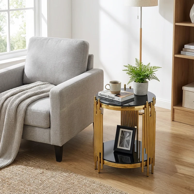 Table d'appoint ronde en verre noir et pieds dorés acier inoxydable 45x45x55cm GOLDENGROVE
