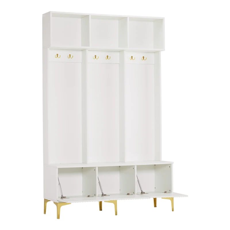 Vestiaire d'entrée blanc, penderie avec 6 crochets dorés et 3 portes de rangement 120x40x191cm ALUMINUMTHROW