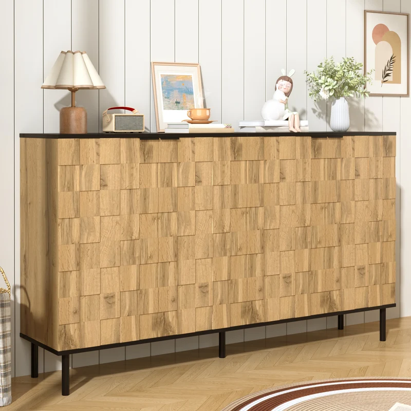 Buffet grand effet bois design damier mosaïque 2 portes 160x35x80,5 cm ADJUSTTRAY