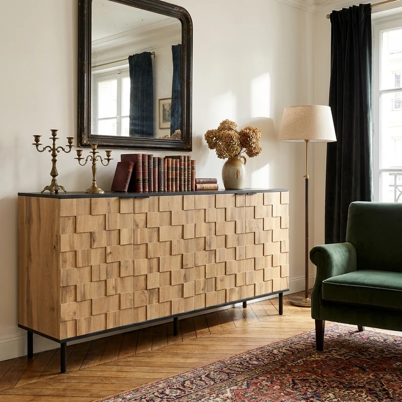 Buffet grand effet bois design damier mosaïque 2 portes 160x35x80,5 cm ADJUSTTRAY