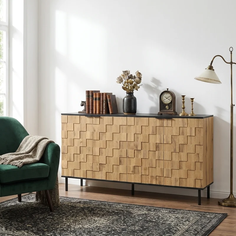 Buffet grand effet bois design damier mosaïque 2 portes 160x35x80,5 cm ADJUSTTRAY