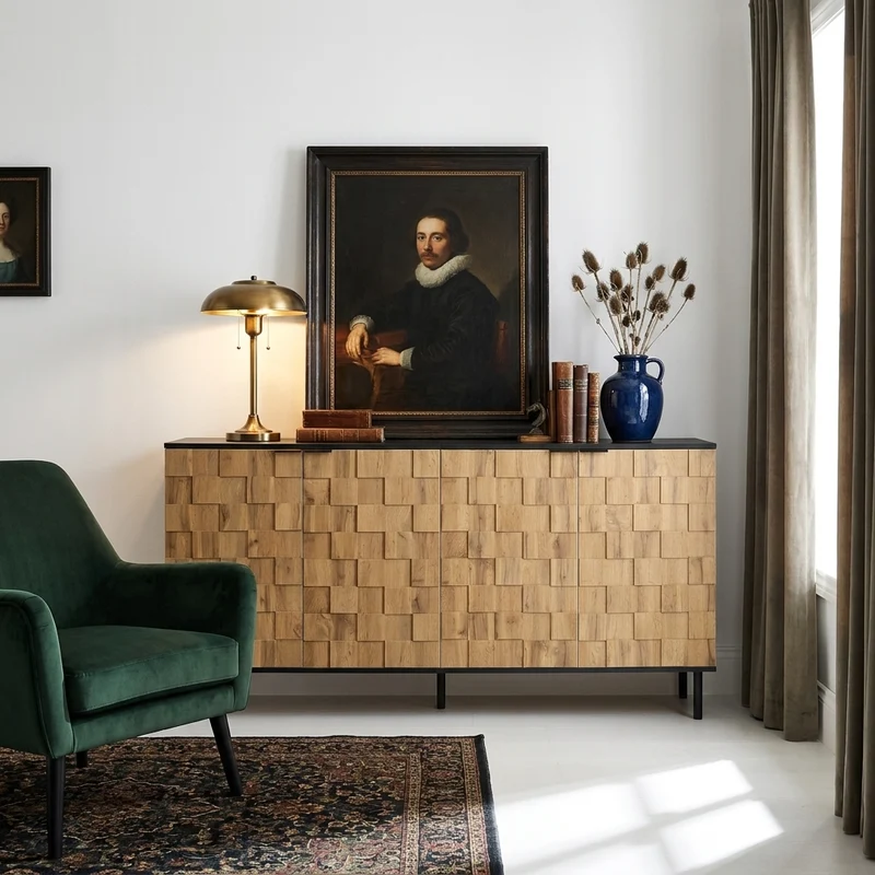 Buffet grand effet bois design damier mosaïque 2 portes 160x35x80,5 cm ADJUSTTRAY