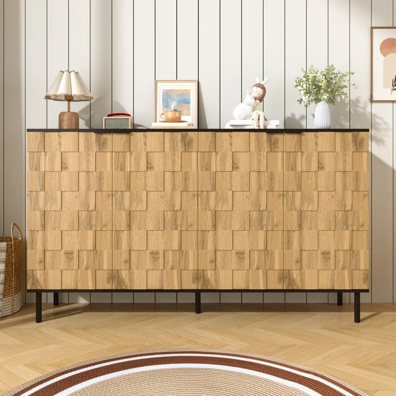 Buffet grand effet bois design damier mosaïque 2 portes 160x35x80,5 cm ADJUSTTRAY