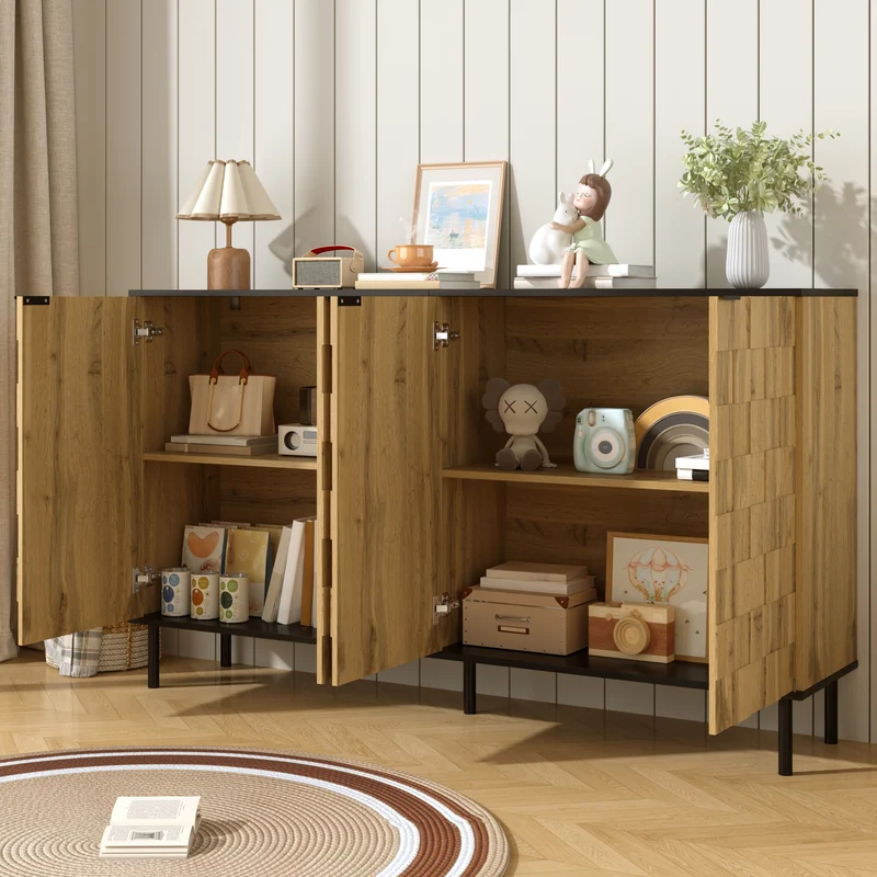 Buffet grand effet bois design damier mosaïque 2 portes 160x35x80,5 cm ADJUSTTRAY