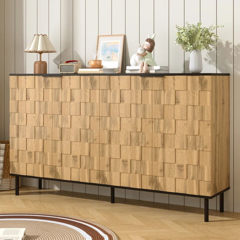 Buffet grand effet bois design damier mosaïque 2 portes 160x35x80,5 cm ADJUSTTRAY