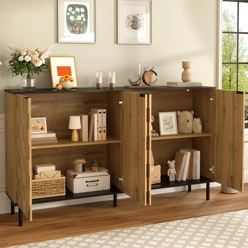 Buffet grand effet bois design damier mosaïque 2 portes 160x35x80,5 cm ADJUSTTRAY
