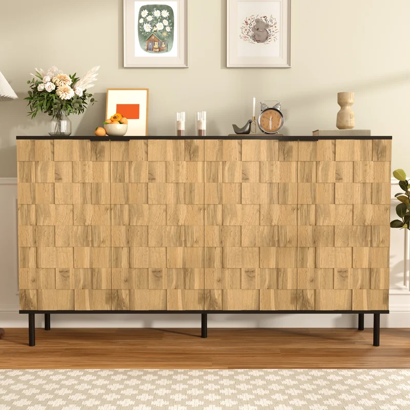 Buffet grand effet bois design damier mosaïque 2 portes 160x35x80,5 cm ADJUSTTRAY