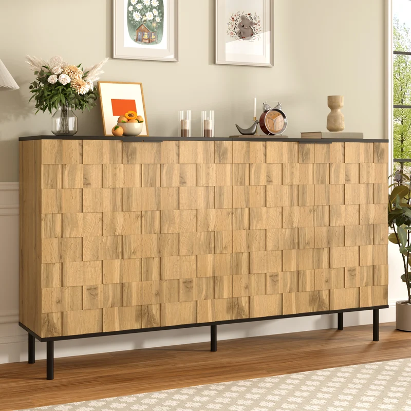 Buffet grand effet bois design damier mosaïque 2 portes 160x35x80,5 cm ADJUSTTRAY
