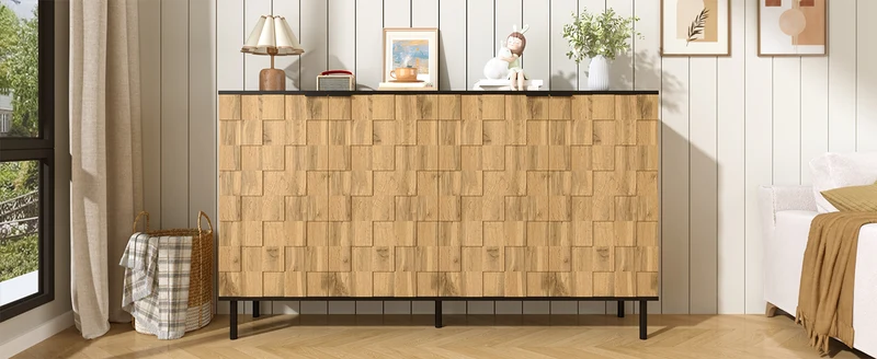 Buffet grand effet bois design damier mosaïque 2 portes 160x35x80,5 cm ADJUSTTRAY