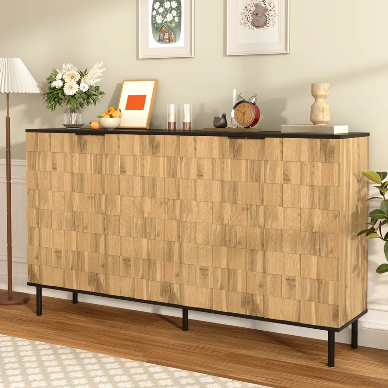 Buffet grand effet bois design damier mosaïque 2 portes 160x35x80,5 cm ADJUSTTRAY