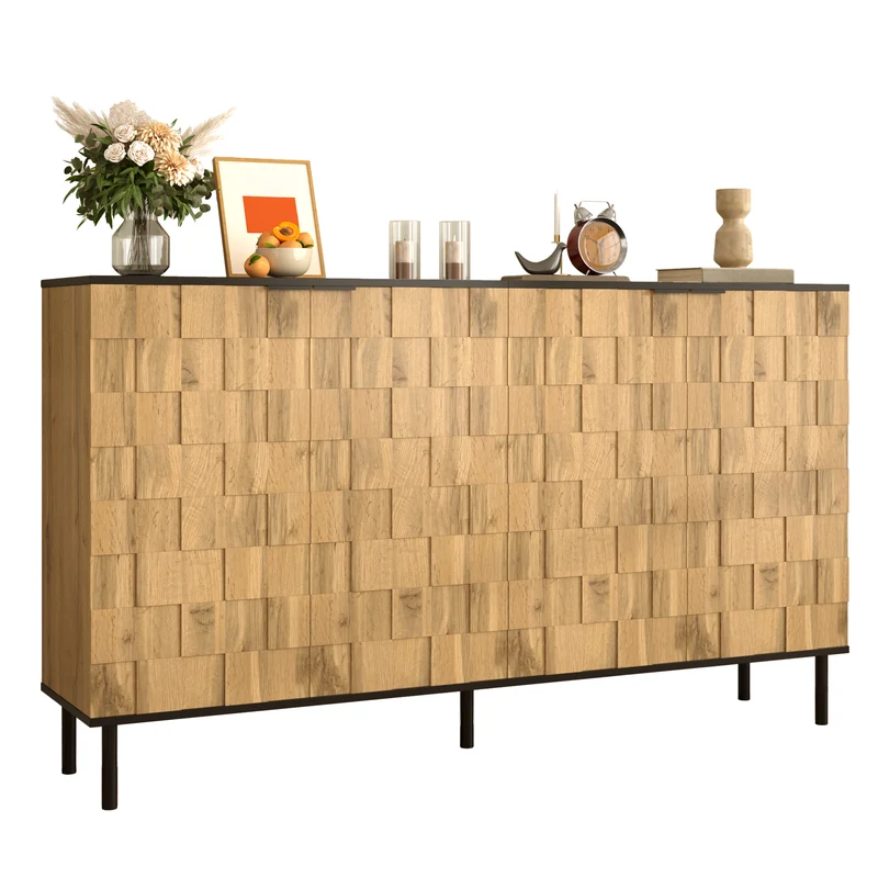 Buffet grand effet bois design damier mosaïque 2 portes 160x35x80,5 cm ADJUSTTRAY
