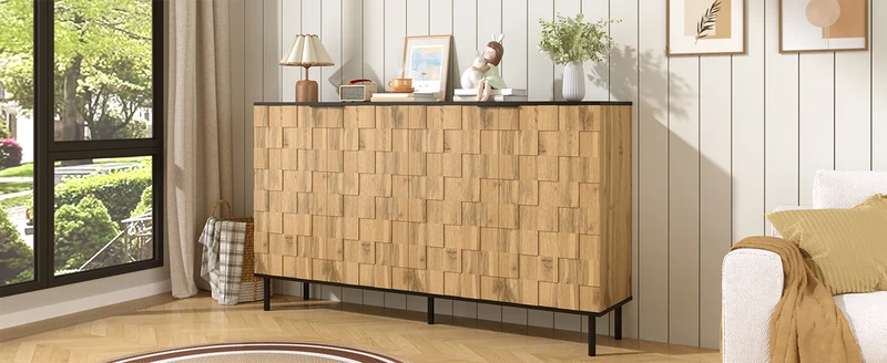 Buffet grand effet bois design damier mosaïque 2 portes 160x35x80,5 cm ADJUSTTRAY