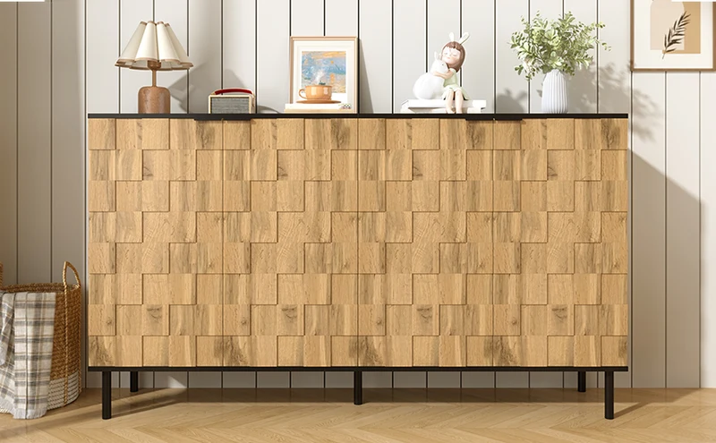 Buffet grand effet bois design damier mosaïque 2 portes 160x35x80,5 cm ADJUSTTRAY