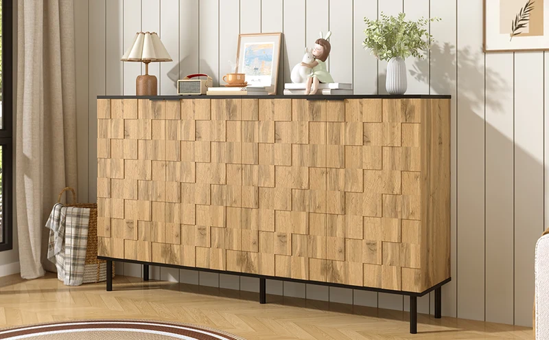 Buffet grand effet bois design damier mosaïque 2 portes 160x35x80,5 cm ADJUSTTRAY