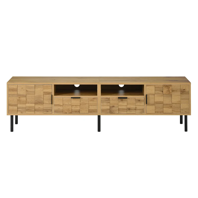 Meuble TV effet bois naturel design dammier 2 portes 2 tiroirs 160cm ADJUSTPLASTICPRO