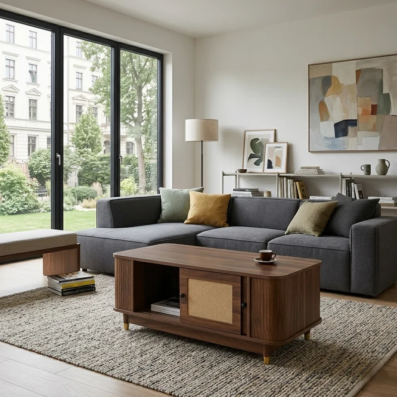 Table basse effet bois noyer avec portes coulissantes en rotin 100x50x42cm ADJUSTCHEST