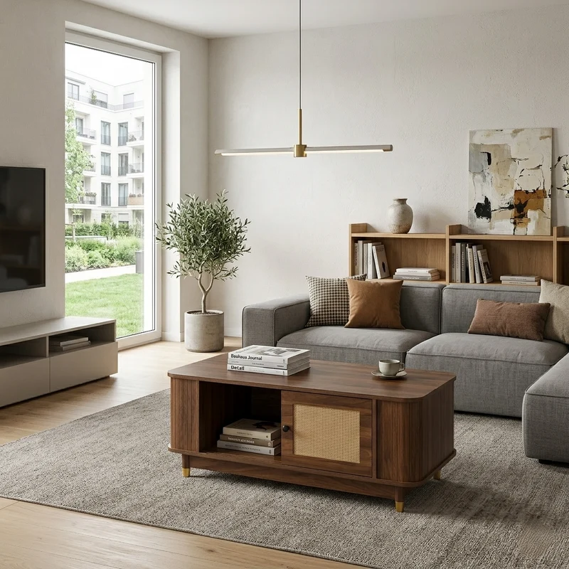 Table basse effet bois noyer avec portes coulissantes en rotin 100x50x42cm ADJUSTCHEST