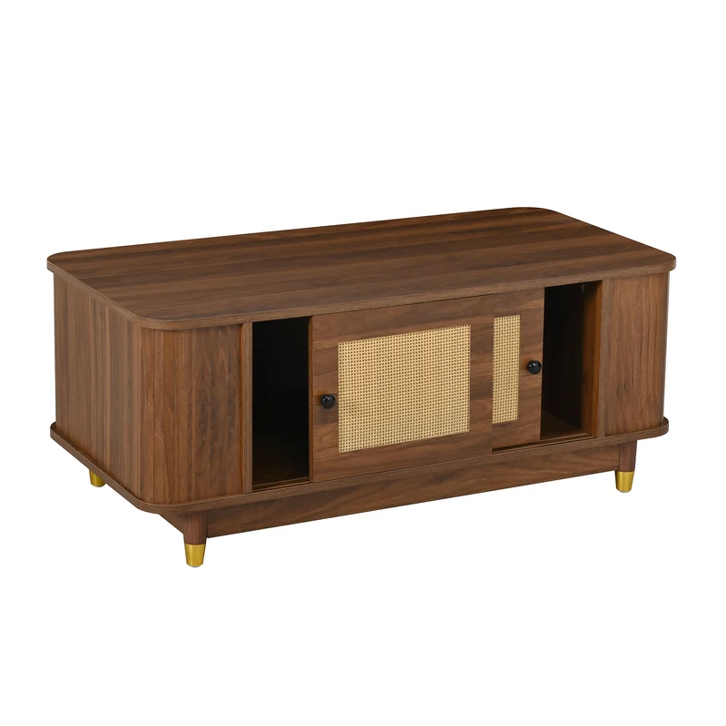 Table basse effet bois noyer avec portes coulissantes en rotin 100x50x42cm ADJUSTCHEST